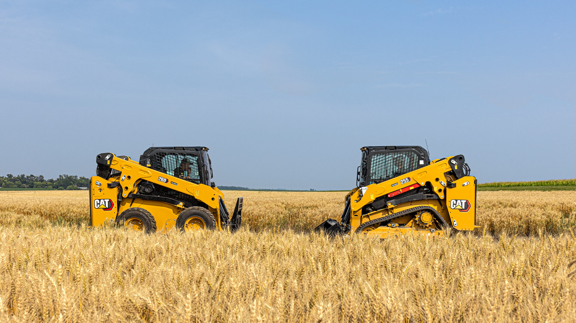 Cat Skid Steer and Cat Compact Track Loader in a golden field of wheat.